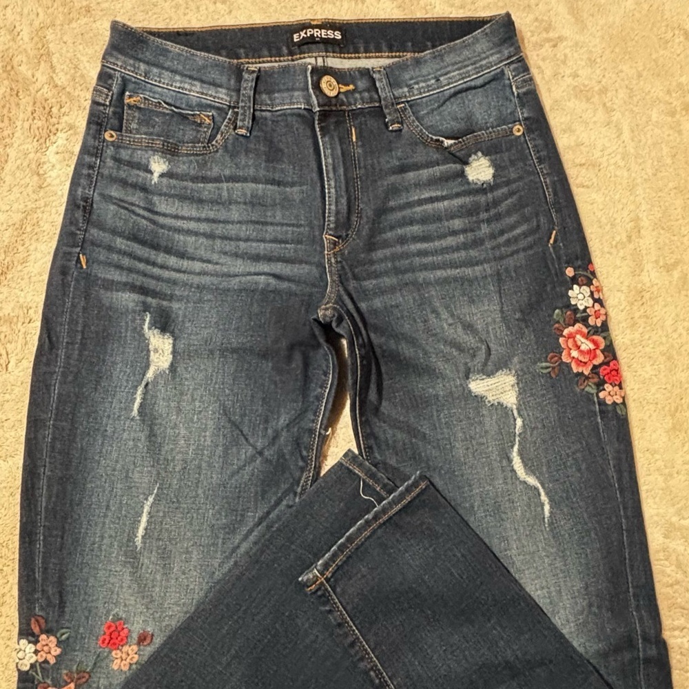 Express Women's Blue Skinny Jeans with Floral Embroidery